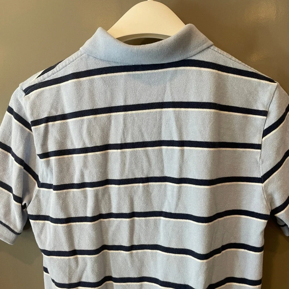 Polo Ralph Lauren Boys Light Blue Navy Striped Polo Shirt L 14-16 Orange Pony